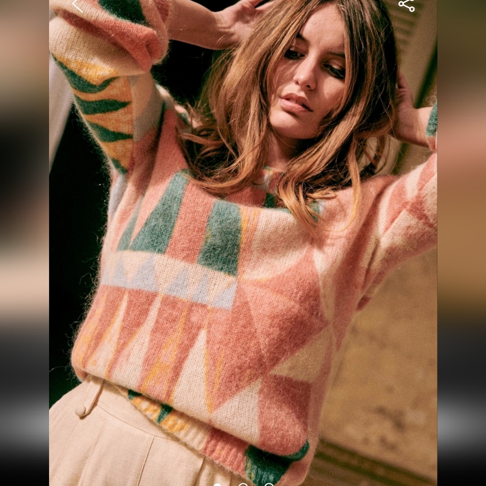 Sezane Multicolor Geometric Cozy Sweater - Pink, Green, Yellow, Cream